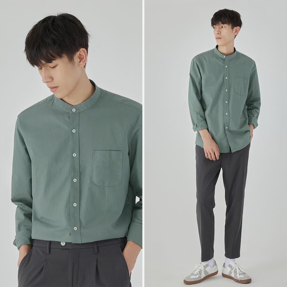【快速出貨】現貨 立領襯衫 素面襯衫 長袖襯衫 牛津布 男 中山領 襯衫 口袋 上班襯衫 日系襯衫-細節圖4