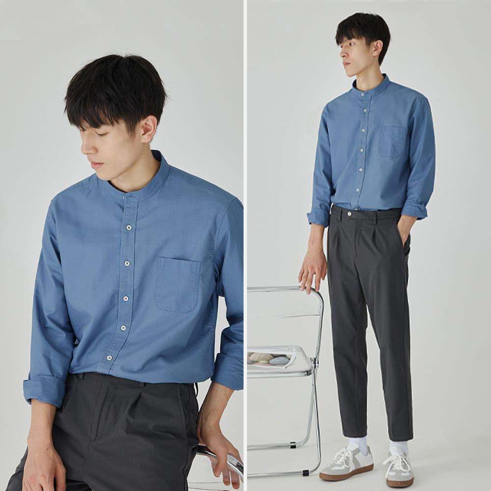 【快速出貨】現貨 立領襯衫 素面襯衫 長袖襯衫 牛津布 男 中山領 襯衫 口袋 上班襯衫 日系襯衫-細節圖5