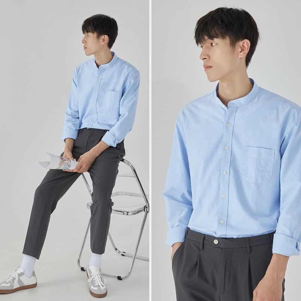 【快速出貨】現貨 立領襯衫 素面襯衫 長袖襯衫 牛津布 男 中山領 襯衫 口袋 上班襯衫 日系襯衫-細節圖6