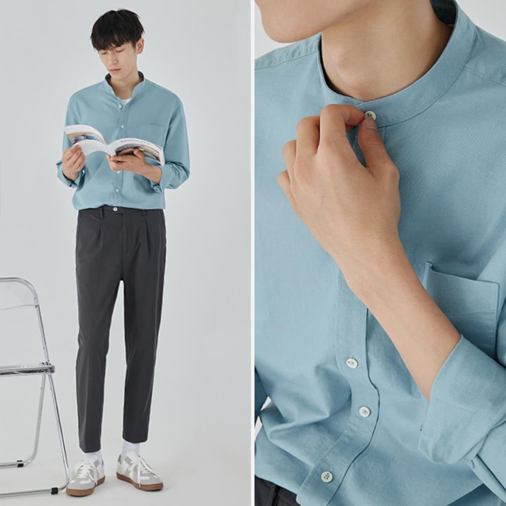 【快速出貨】現貨 立領襯衫 素面襯衫 長袖襯衫 牛津布 男 中山領 襯衫 口袋 上班襯衫 日系襯衫-細節圖7