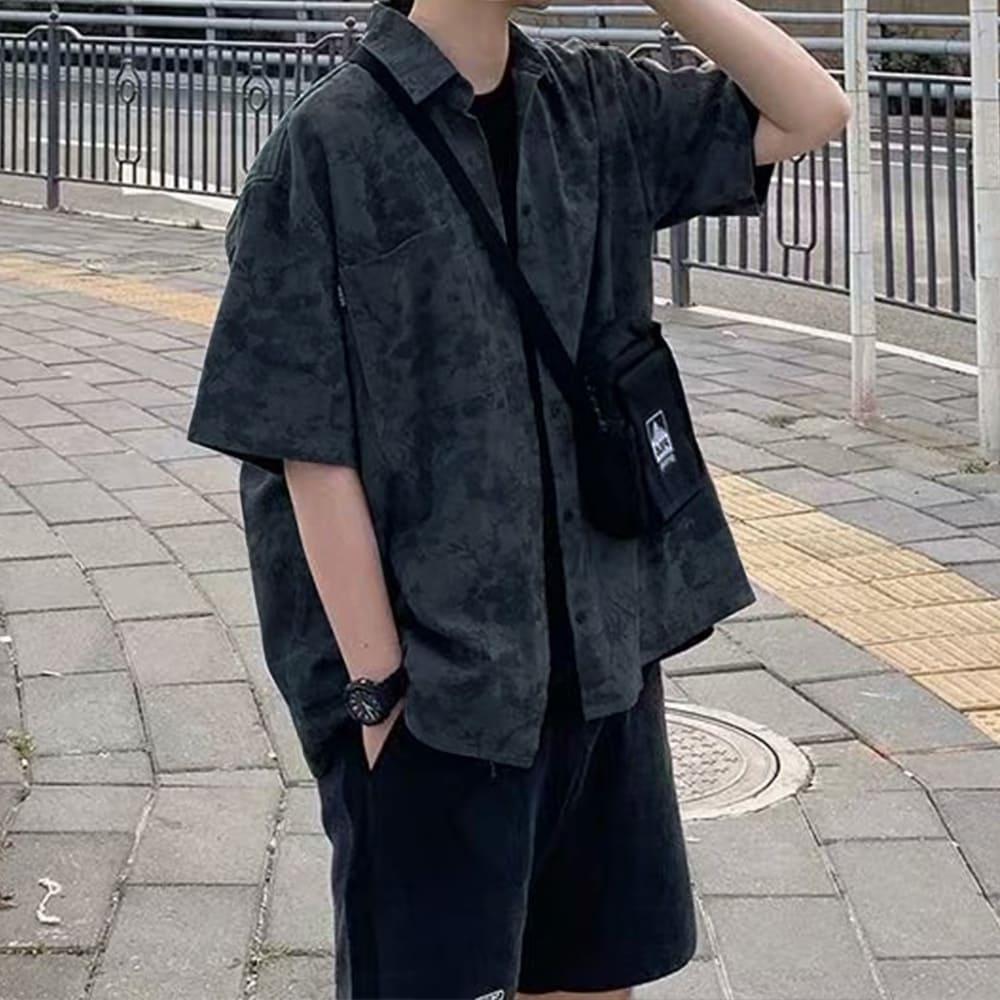 【快速出貨】現貨 個性渲染休閒襯衫 短袖襯衫 襯衫 襯衫男 落肩 寬鬆 上衣 短袖 襯衫男 男生衣著 街頭風 襯衫外套-細節圖2