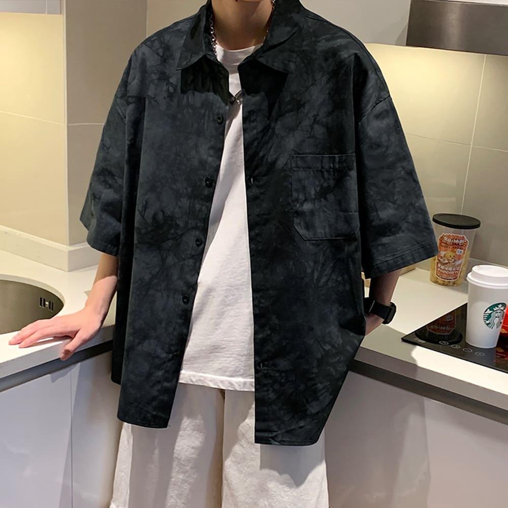 【快速出貨】現貨 個性渲染休閒襯衫 短袖襯衫 襯衫 襯衫男 落肩 寬鬆 上衣 短袖 襯衫男 男生衣著 街頭風 襯衫外套-細節圖3