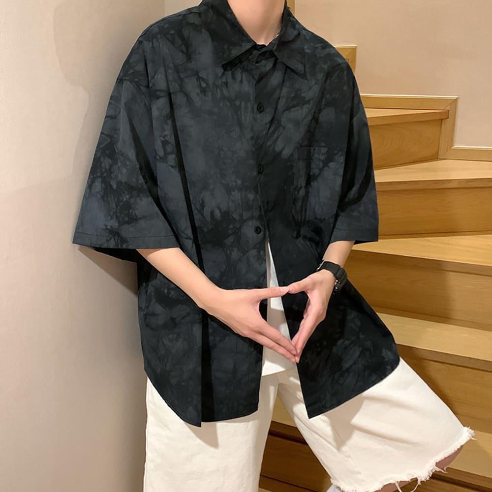 【快速出貨】現貨 個性渲染休閒襯衫 短袖襯衫 襯衫 襯衫男 落肩 寬鬆 上衣 短袖 襯衫男 男生衣著 街頭風 襯衫外套-細節圖4