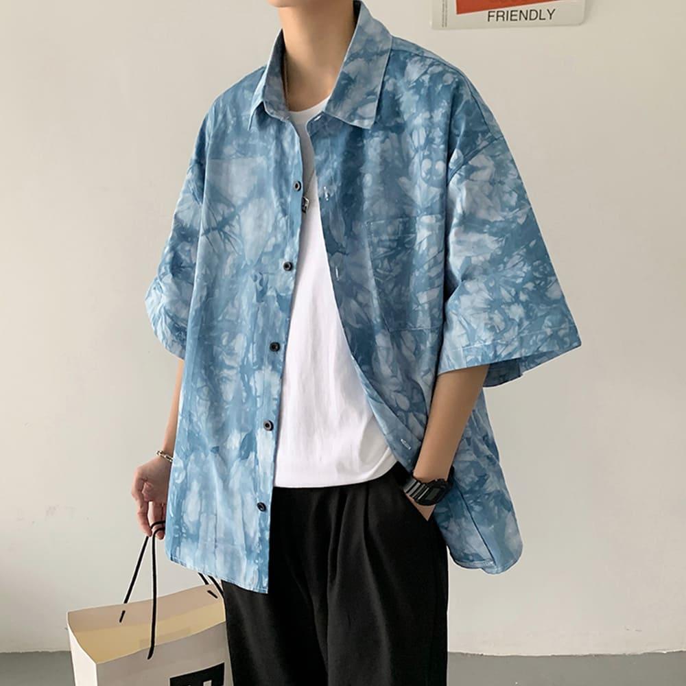 【快速出貨】現貨 個性渲染休閒襯衫 短袖襯衫 襯衫 襯衫男 落肩 寬鬆 上衣 短袖 襯衫男 男生衣著 街頭風 襯衫外套-細節圖5