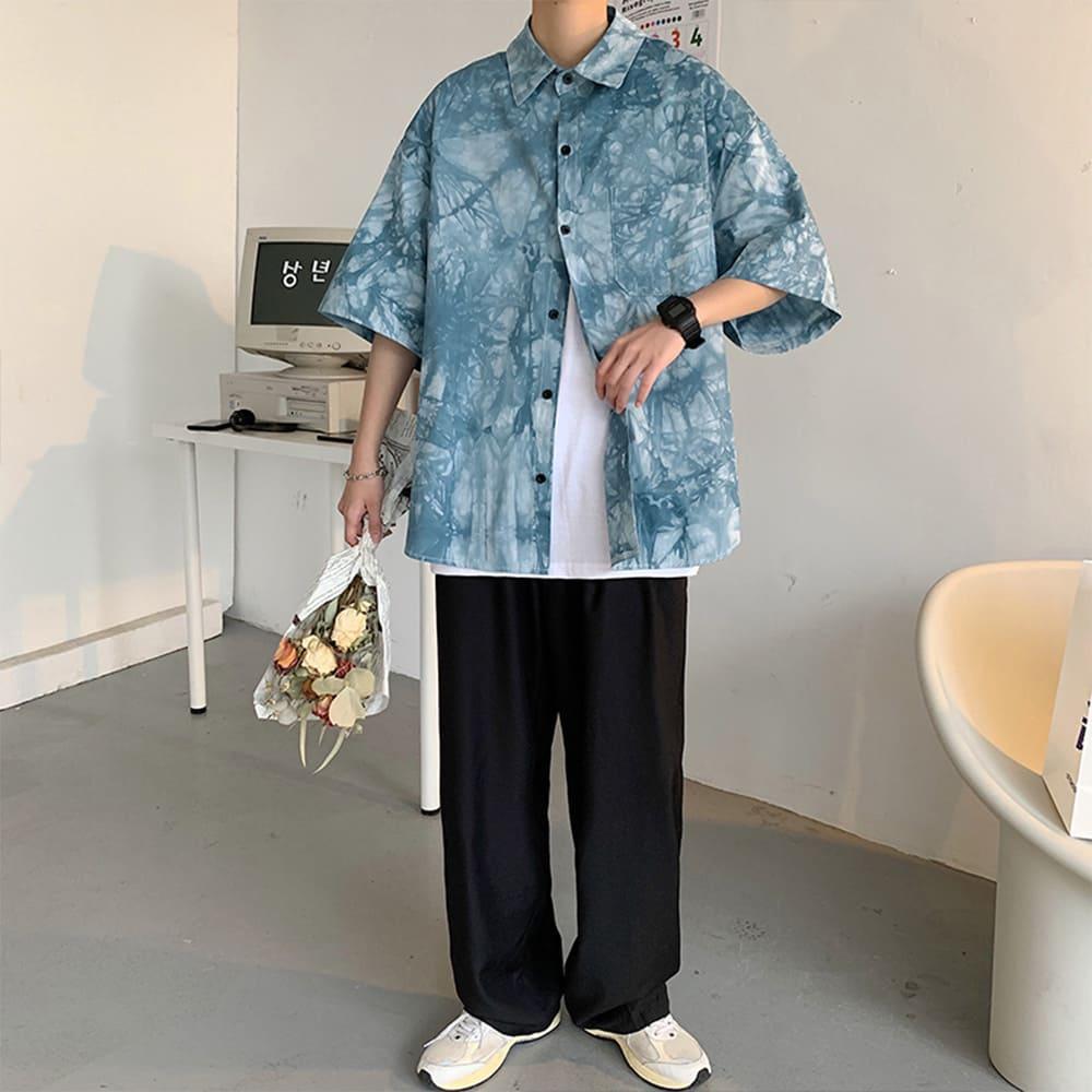 【快速出貨】現貨 個性渲染休閒襯衫 短袖襯衫 襯衫 襯衫男 落肩 寬鬆 上衣 短袖 襯衫男 男生衣著 街頭風 襯衫外套-細節圖6