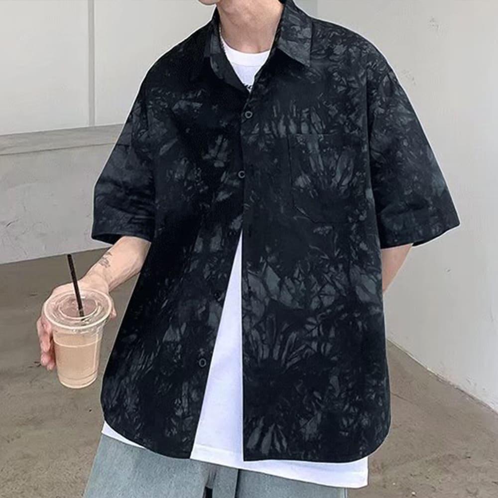 【快速出貨】現貨 個性渲染休閒襯衫 短袖襯衫 襯衫 襯衫男 落肩 寬鬆 上衣 短袖 襯衫男 男生衣著 街頭風 襯衫外套-細節圖7