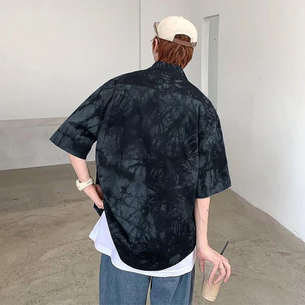 【快速出貨】現貨 個性渲染休閒襯衫 短袖襯衫 襯衫 襯衫男 落肩 寬鬆 上衣 短袖 襯衫男 男生衣著 街頭風 襯衫外套-細節圖8