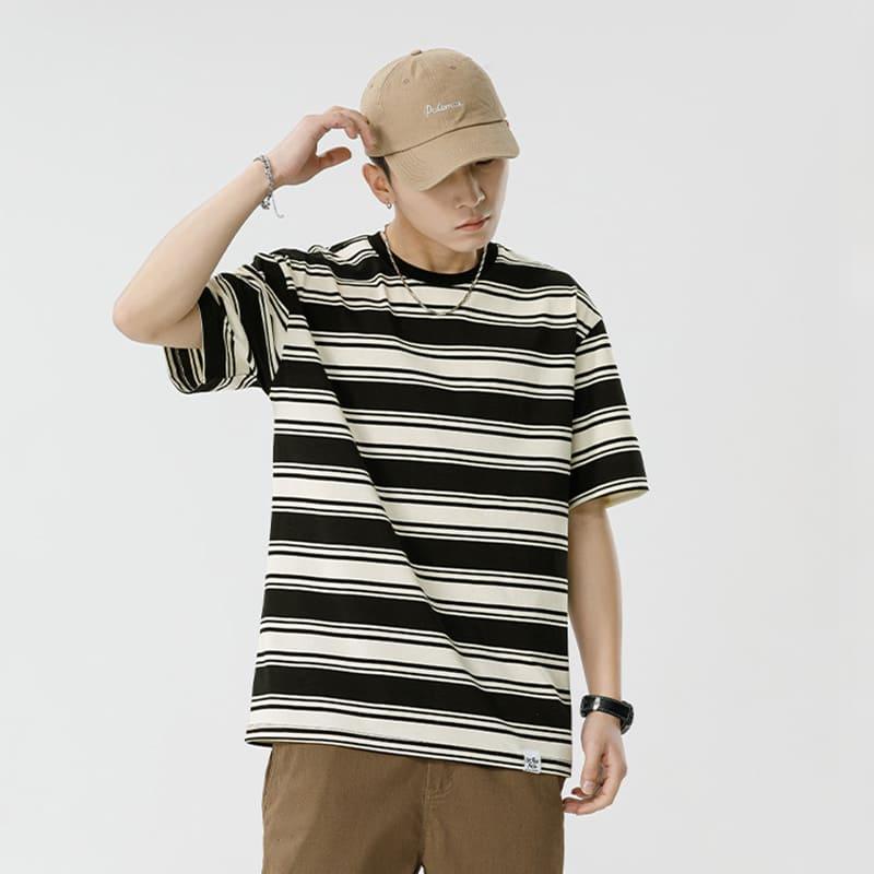 【快速出貨】現貨 日系橫條上衣 落肩 overside city boy 復古 寬鬆 短袖 上衣 男 大尺寸 條紋 寬條-細節圖2