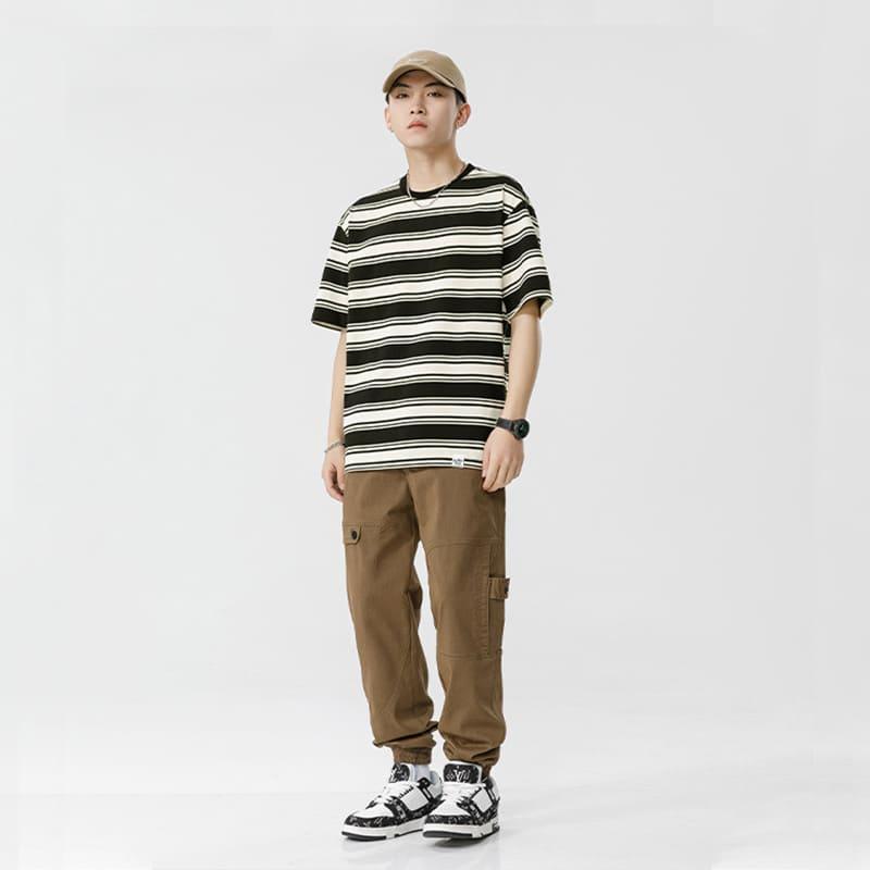 【快速出貨】現貨 日系橫條上衣 落肩 overside city boy 復古 寬鬆 短袖 上衣 男 大尺寸 條紋 寬條-細節圖3