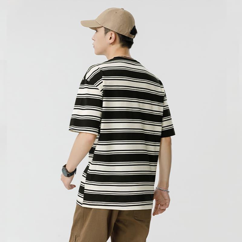 【快速出貨】現貨 日系橫條上衣 落肩 overside city boy 復古 寬鬆 短袖 上衣 男 大尺寸 條紋 寬條-細節圖4