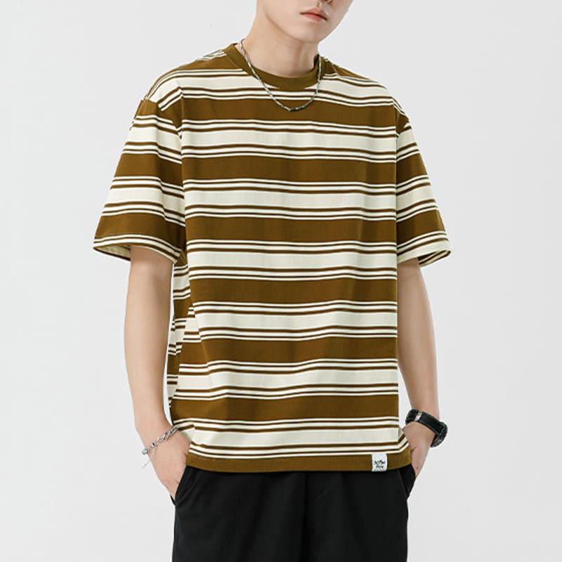 【快速出貨】現貨 日系橫條上衣 落肩 overside city boy 復古 寬鬆 短袖 上衣 男 大尺寸 條紋 寬條-細節圖5