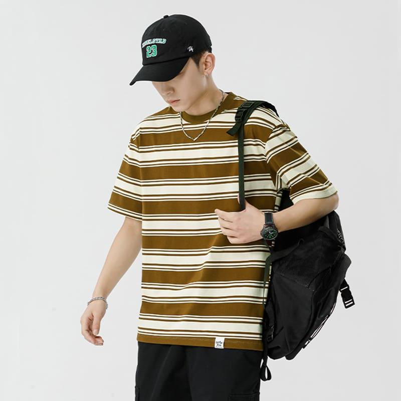 【快速出貨】現貨 日系橫條上衣 落肩 overside city boy 復古 寬鬆 短袖 上衣 男 大尺寸 條紋 寬條-細節圖6