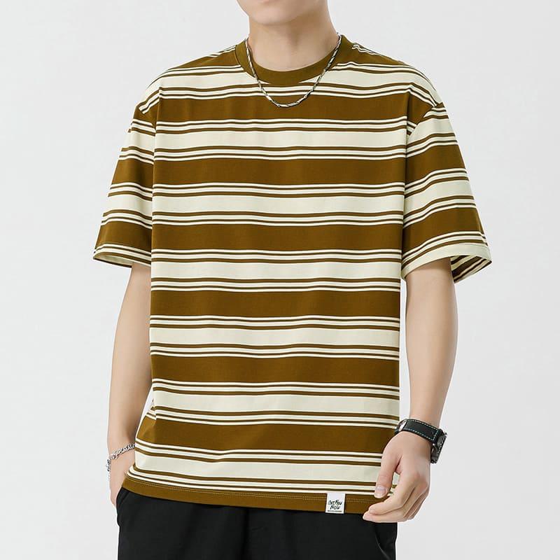 【快速出貨】現貨 日系橫條上衣 落肩 overside city boy 復古 寬鬆 短袖 上衣 男 大尺寸 條紋 寬條-細節圖7