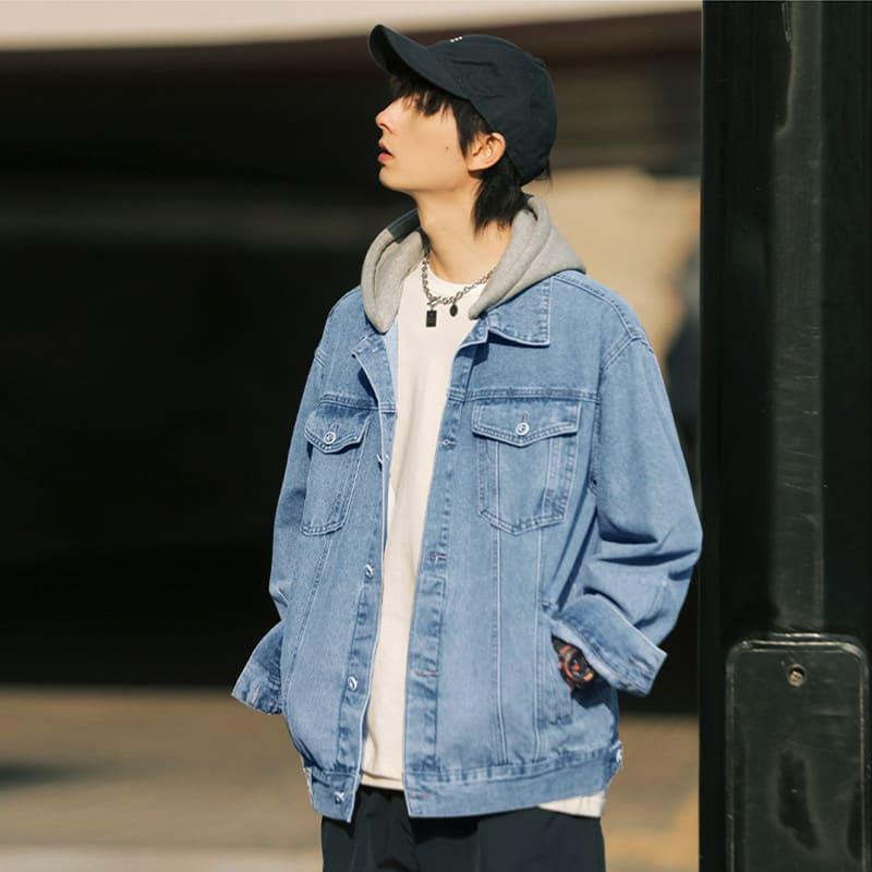 【快速出貨】可拆式連帽牛仔外套 假兩件外套 情侶外套 可拆帽 連帽 牛仔外套 牛仔 寬鬆 夾克 丹寧 連帽牛仔-細節圖4