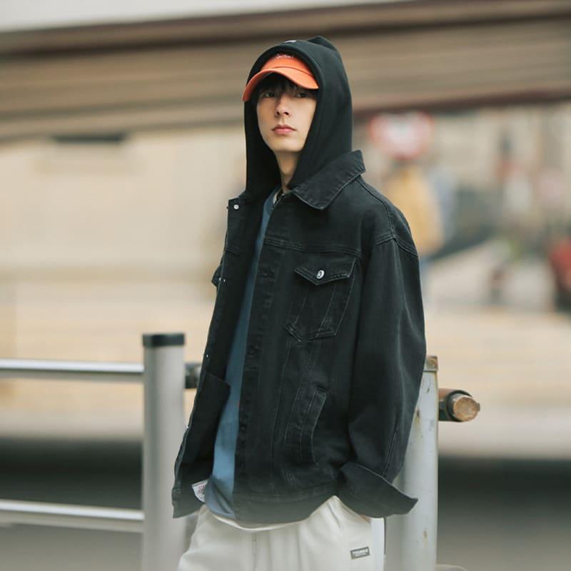 【快速出貨】可拆式連帽牛仔外套 假兩件外套 情侶外套 可拆帽 連帽 牛仔外套 牛仔 寬鬆 夾克 丹寧 連帽牛仔-細節圖5