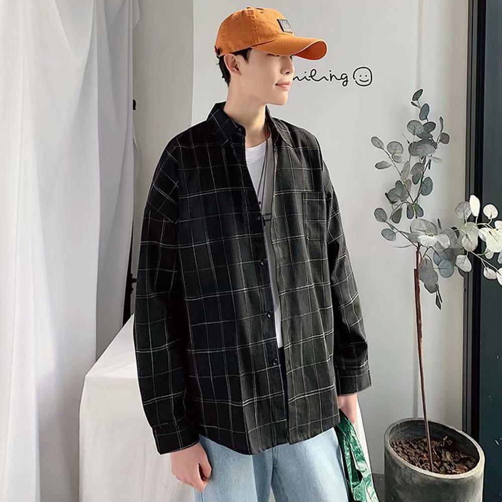 【快速出貨】現貨 輕薄格紋襯衫 格子襯衫 格紋襯衫 襯衫 長袖 長袖襯衫 口袋 寬鬆 落肩襯衫 襯衫外套-細節圖2