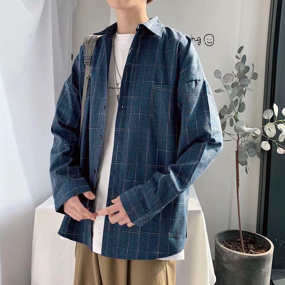 【快速出貨】現貨 輕薄格紋襯衫 格子襯衫 格紋襯衫 襯衫 長袖 長袖襯衫 口袋 寬鬆 落肩襯衫 襯衫外套-細節圖3