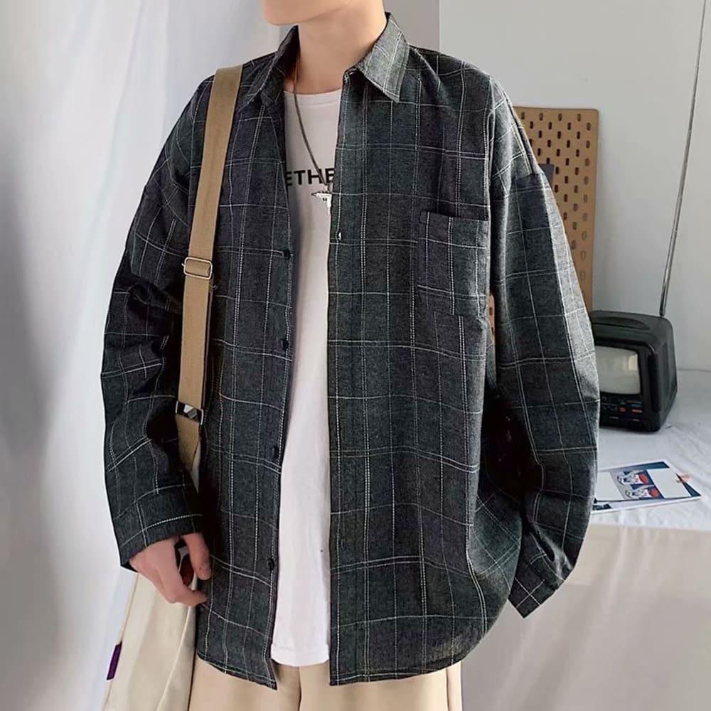 【快速出貨】現貨 輕薄格紋襯衫 格子襯衫 格紋襯衫 襯衫 長袖 長袖襯衫 口袋 寬鬆 落肩襯衫 襯衫外套-細節圖4