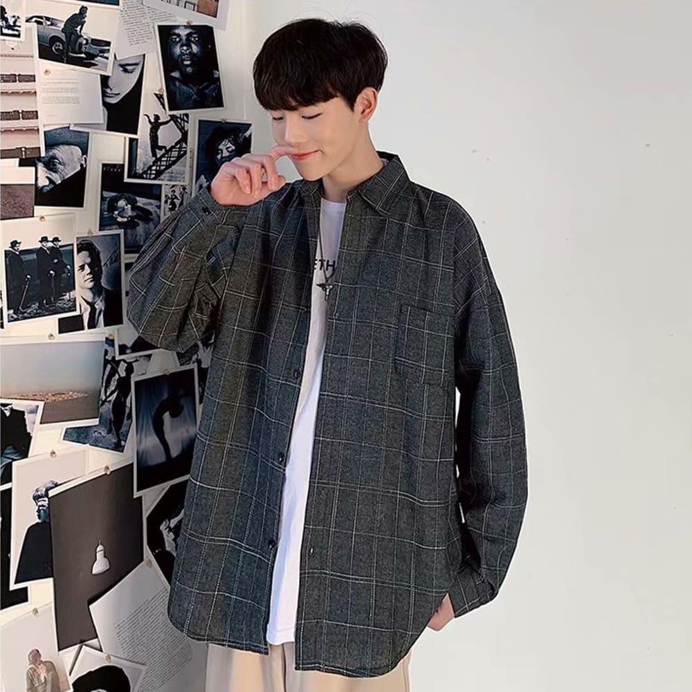 【快速出貨】現貨 輕薄格紋襯衫 格子襯衫 格紋襯衫 襯衫 長袖 長袖襯衫 口袋 寬鬆 落肩襯衫 襯衫外套-細節圖5