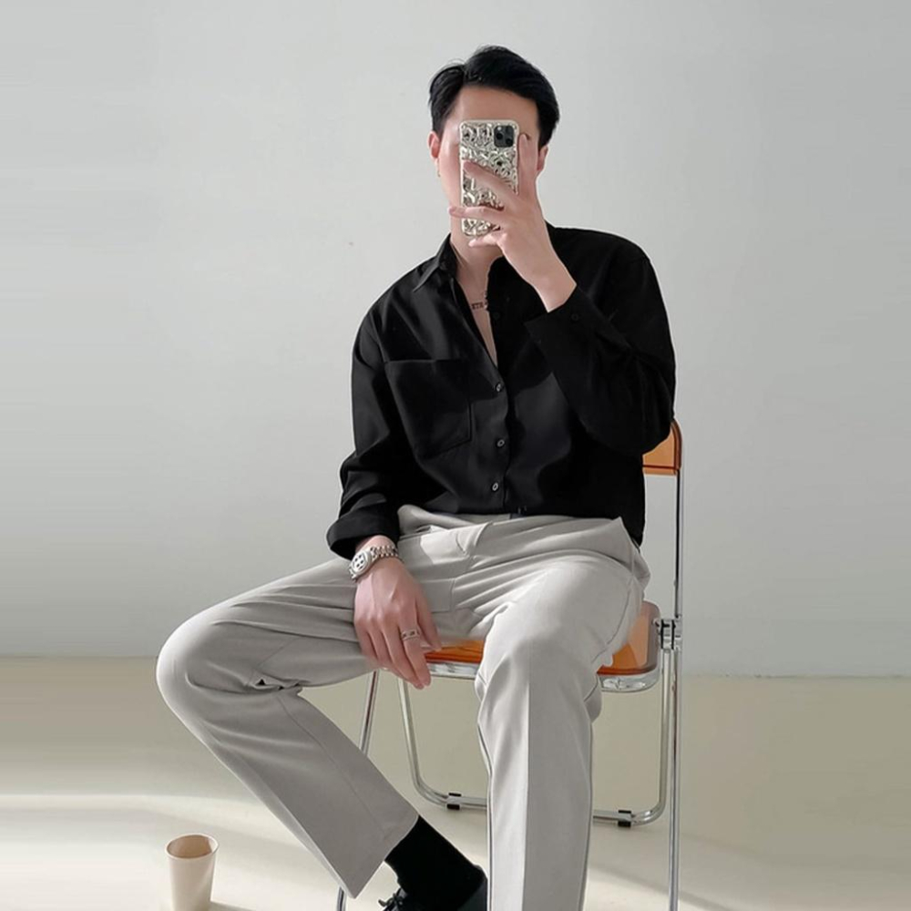 【快速出貨】現貨 韓國 襯衫 襯衫 素面襯衫 口袋 上班襯衫 素色 落肩 男 長袖襯衫 正式 白襯衫男 商務襯衫 雪紡-細節圖2