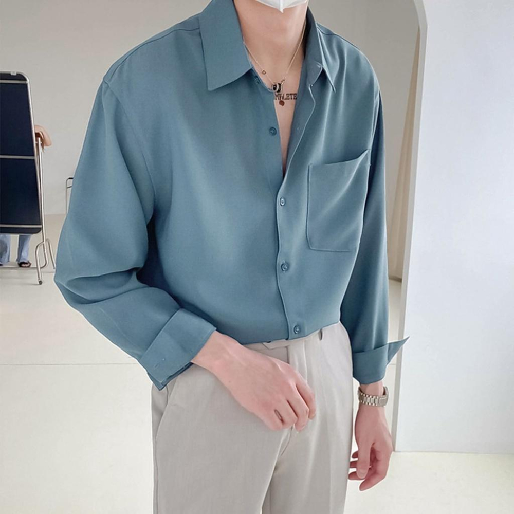 【快速出貨】現貨 韓國 襯衫 襯衫 素面襯衫 口袋 上班襯衫 素色 落肩 男 長袖襯衫 正式 白襯衫男 商務襯衫 雪紡-細節圖5