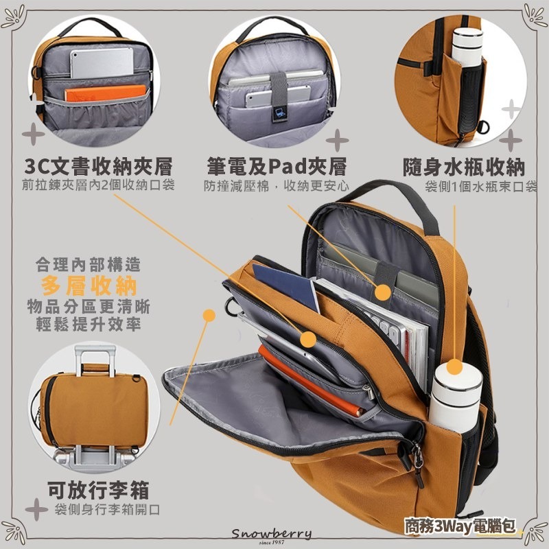 15.6吋 筆電商務3way後背包 電腦後揹包 Snowberry 雪瑞 休閒商務包 耐磨 男士雙肩包 防潑水 筆電-細節圖3
