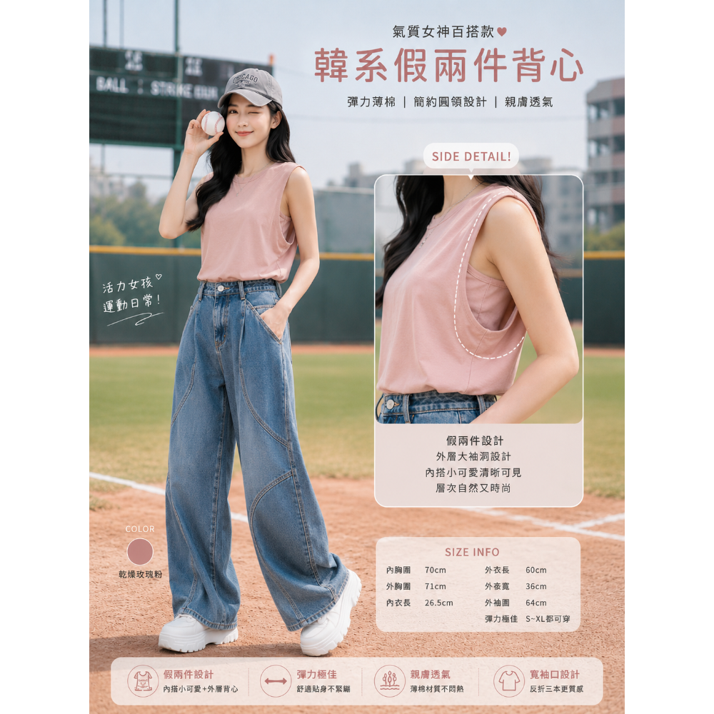 【現貨】韓系假兩件背心 女裝｜乾燥玫瑰粉｜圓領寬鬆｜顯瘦百搭｜彈力薄棉｜內搭外穿｜S-XL-細節圖2