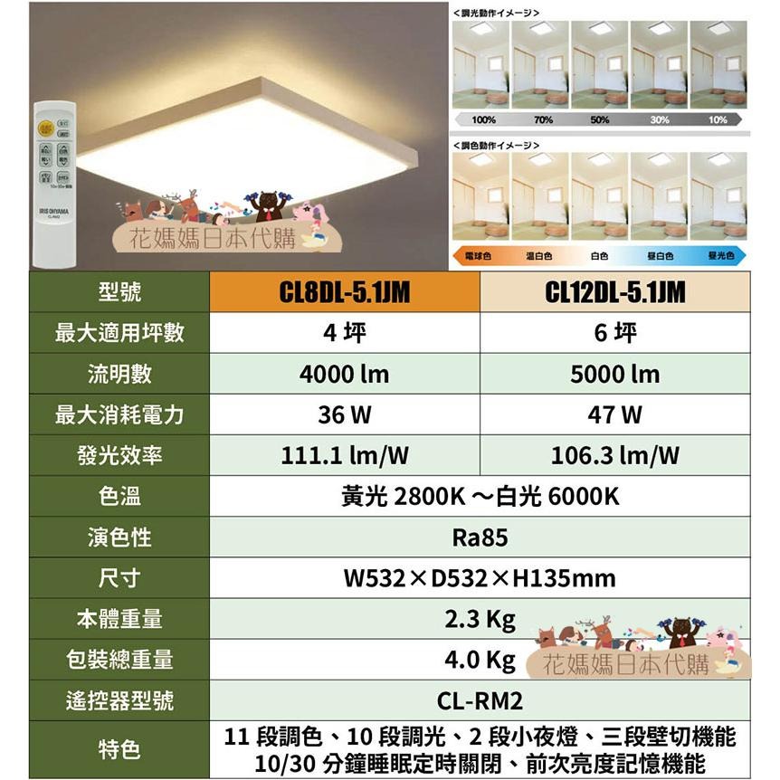 日本原裝 空運 IRIS Ohyama 方形和風款 調光 調色 CL8DL-5.1JM LED 吸頂燈 4坪 CL8DL-細節圖9