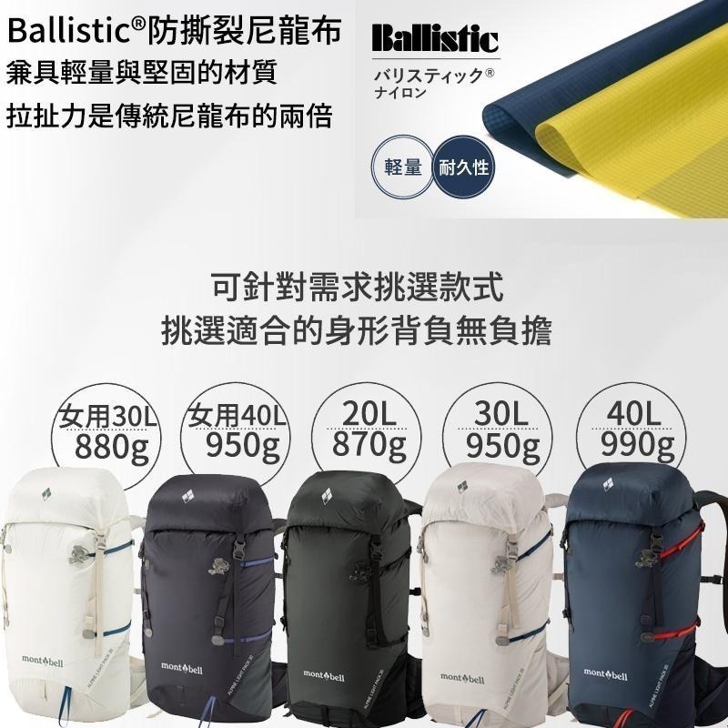 mont-bell ALPINE LIGHT PACK 背包 20L 30L 40L 50L Women 登山 防水-細節圖4