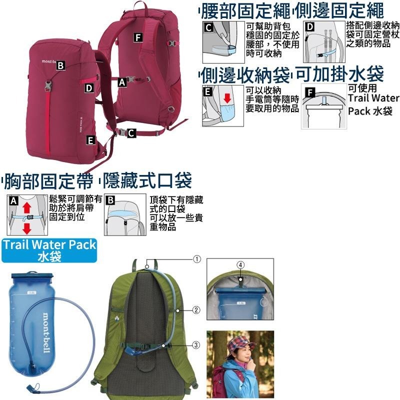 日本 mont-bell ROSE Pack Women＇s 20L 女用 登山包 背包 攻頂包 登山 露營 旅行 戶外-細節圖4