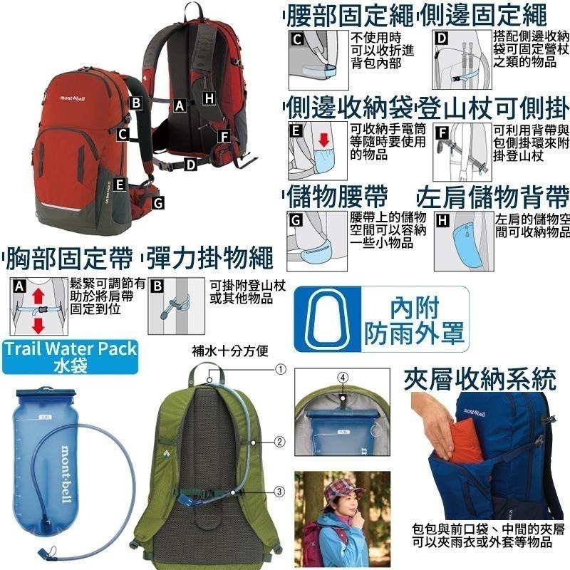 mont-bell GALENA PACK 多口袋露營包 20L 25L 30L Women＇s 登山 露營 旅行 背包-細節圖5