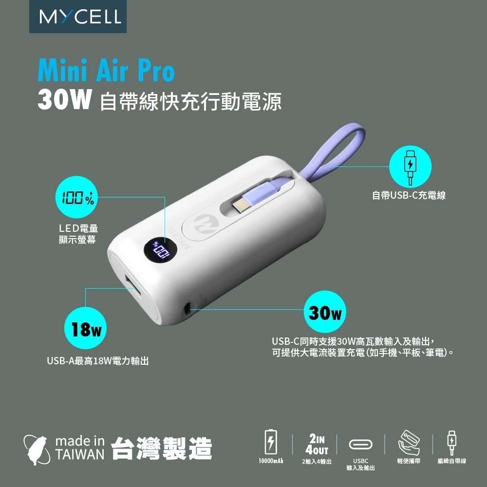 山水之寶｜MYCELL Mini Air Pro 30w 防爆行動電源 自帶TYPEC充電線 標示WH可上飛機 台灣製造-細節圖8