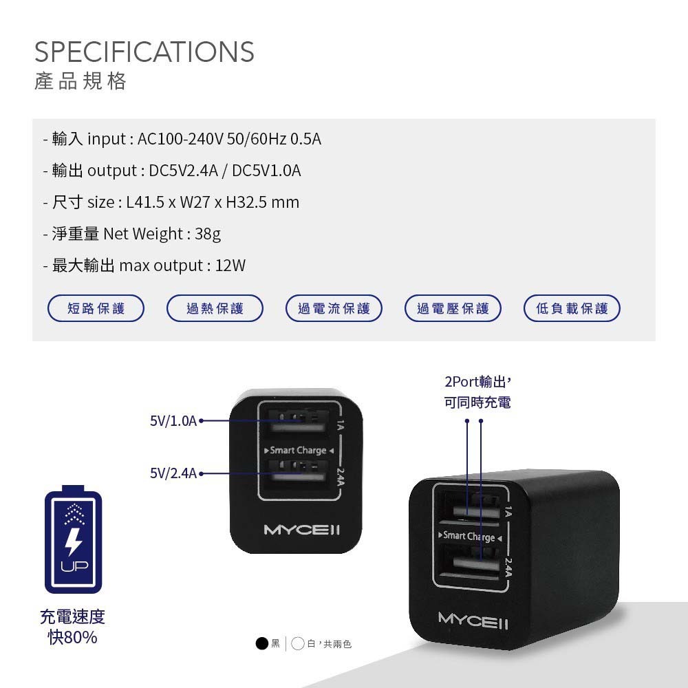 山水之寶｜MYCELL 2.4A+1A 雙孔輸出 雙USB 充電器 充電插頭 快速充電器 快充插頭 台灣製造-細節圖7