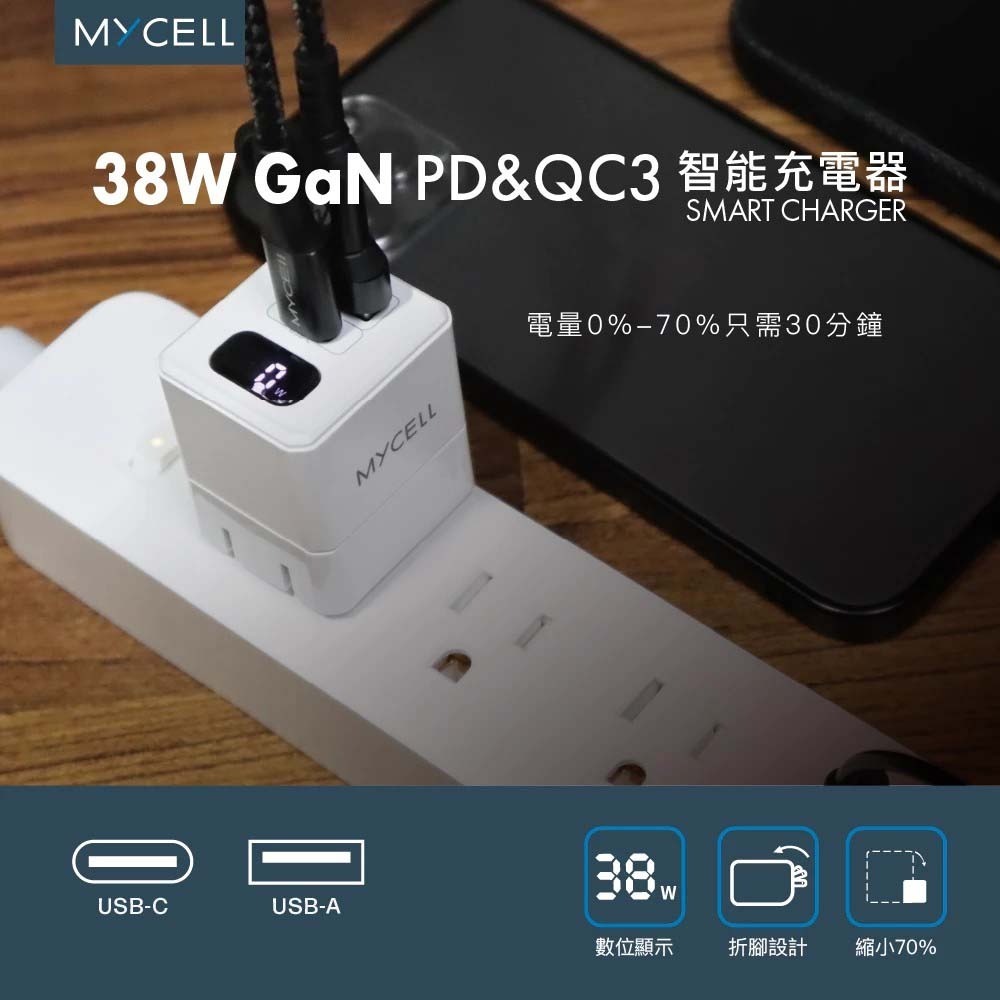 山水之寶｜MYCELL 38w GaN PD+QC氮化鎵智能數位顯示 雙孔快速充電器 快充充電頭 適用iPhone＆安卓-細節圖3