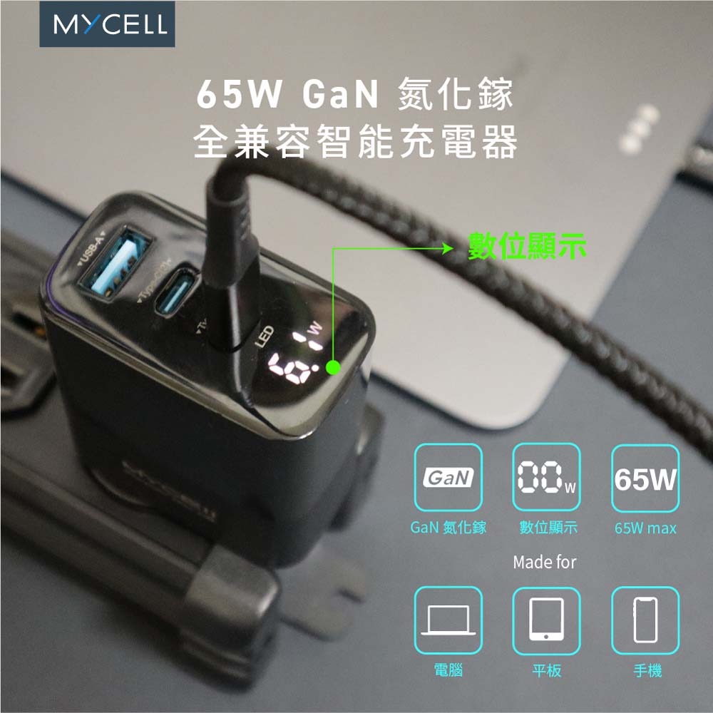 山水之寶｜MYCELL 65w GaN 2C1A氮化鎵三孔快速充電器 快充充電頭 贈品牌收納包 適用iPhone＆安卓機-細節圖2