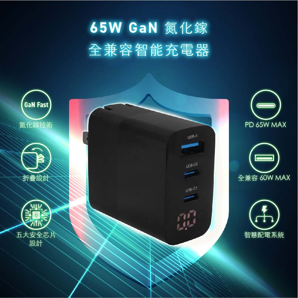 山水之寶｜MYCELL 65w GaN 2C1A氮化鎵三孔快速充電器 快充充電頭 贈品牌收納包 適用iPhone＆安卓機-細節圖3
