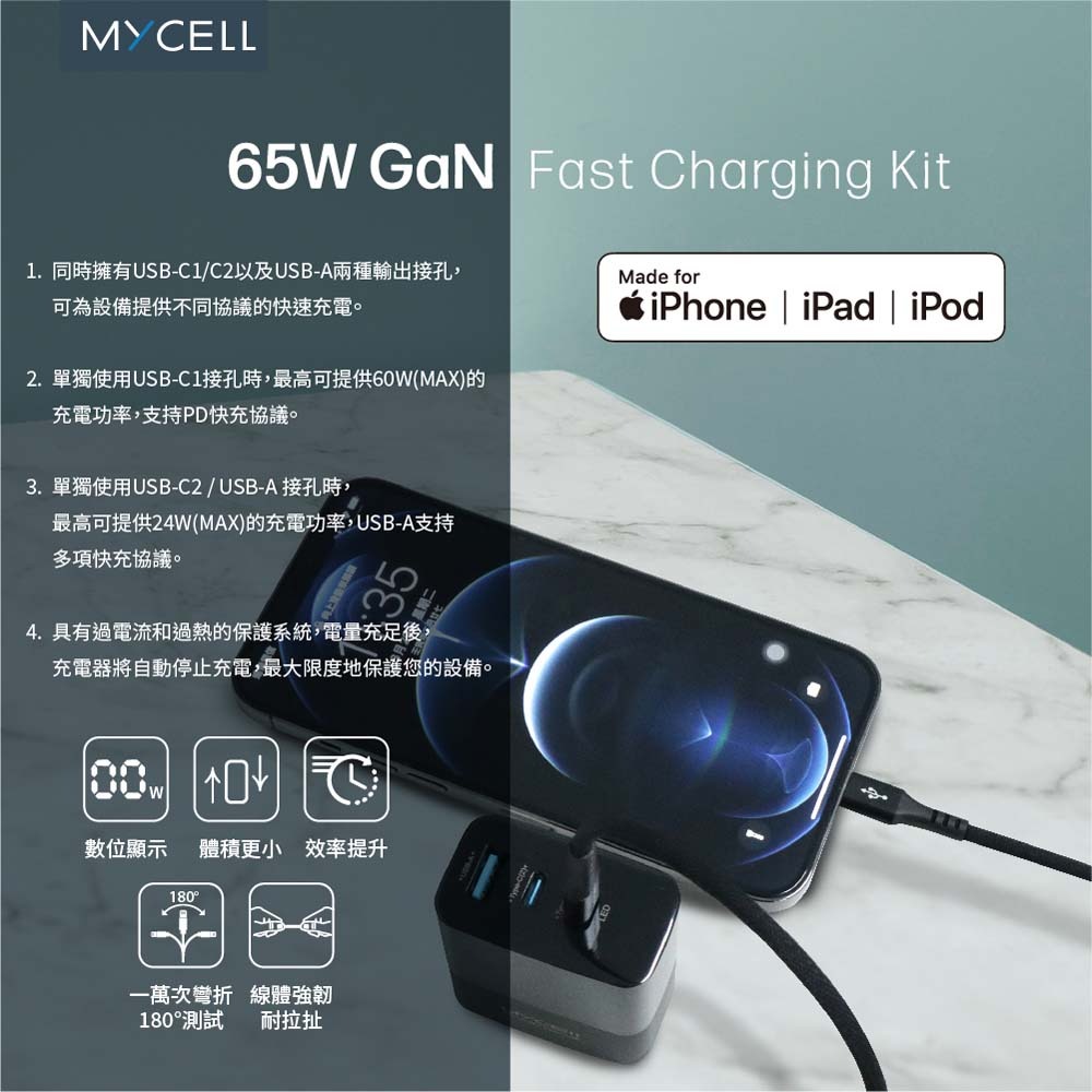 山水之寶｜MYCEll 65w GaN氮化鎵三孔快速充電器+快充充電頭套組 iPhone MFI認證充電線 贈旅行收納包-細節圖2