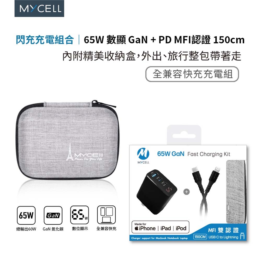 山水之寶｜MYCEll 65w GaN氮化鎵三孔快速充電器+快充充電頭套組 iPhone MFI認證充電線 贈旅行收納包-細節圖7