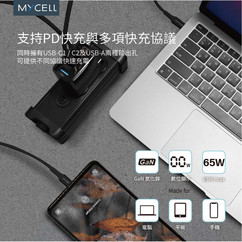 山水之寶｜MYCEll 65w GaN氮化鎵三孔快速充電器+TYPEC充電線 快充充電頭套組 適用iPhone＆安卓機-細節圖4