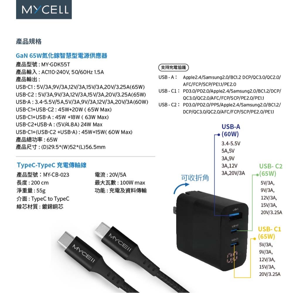 山水之寶｜MYCEll 65w GaN氮化鎵三孔快速充電器+TYPEC充電線 快充充電頭套組 適用iPhone＆安卓機-細節圖8