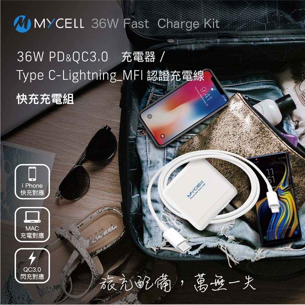 山水之寶｜MYCEll 36w PD+QC雙孔快速充電器 快充充電頭套組 iPhone MFI PD認證充電線120cm-細節圖5
