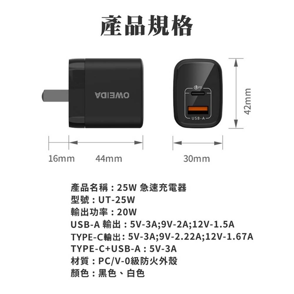 山水之寶｜OWEIDA 25w PD+QC 智能雙孔快速充電器 超極速快充充電頭 摺疊收納插腳 適用iPhone＆安卓-細節圖6