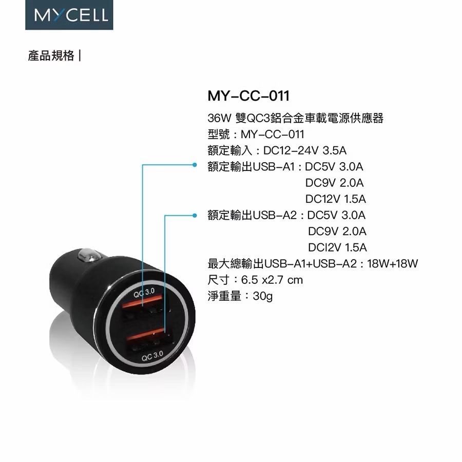 山水之寶｜MYCELL 36W 雙孔USB快速充電 車用充電器 快充車充頭 鋁合金材質 車載電源供應器 舒適LED燈光圈-細節圖6