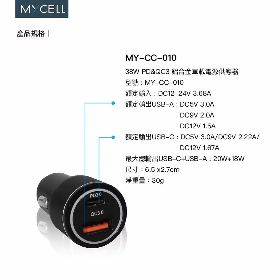 山水之寶｜MYCELL 38W PD+QC 雙孔快速充電 車用充電器 快充車充頭 鋁合金車載電源供應器 舒適LED燈光源-細節圖6