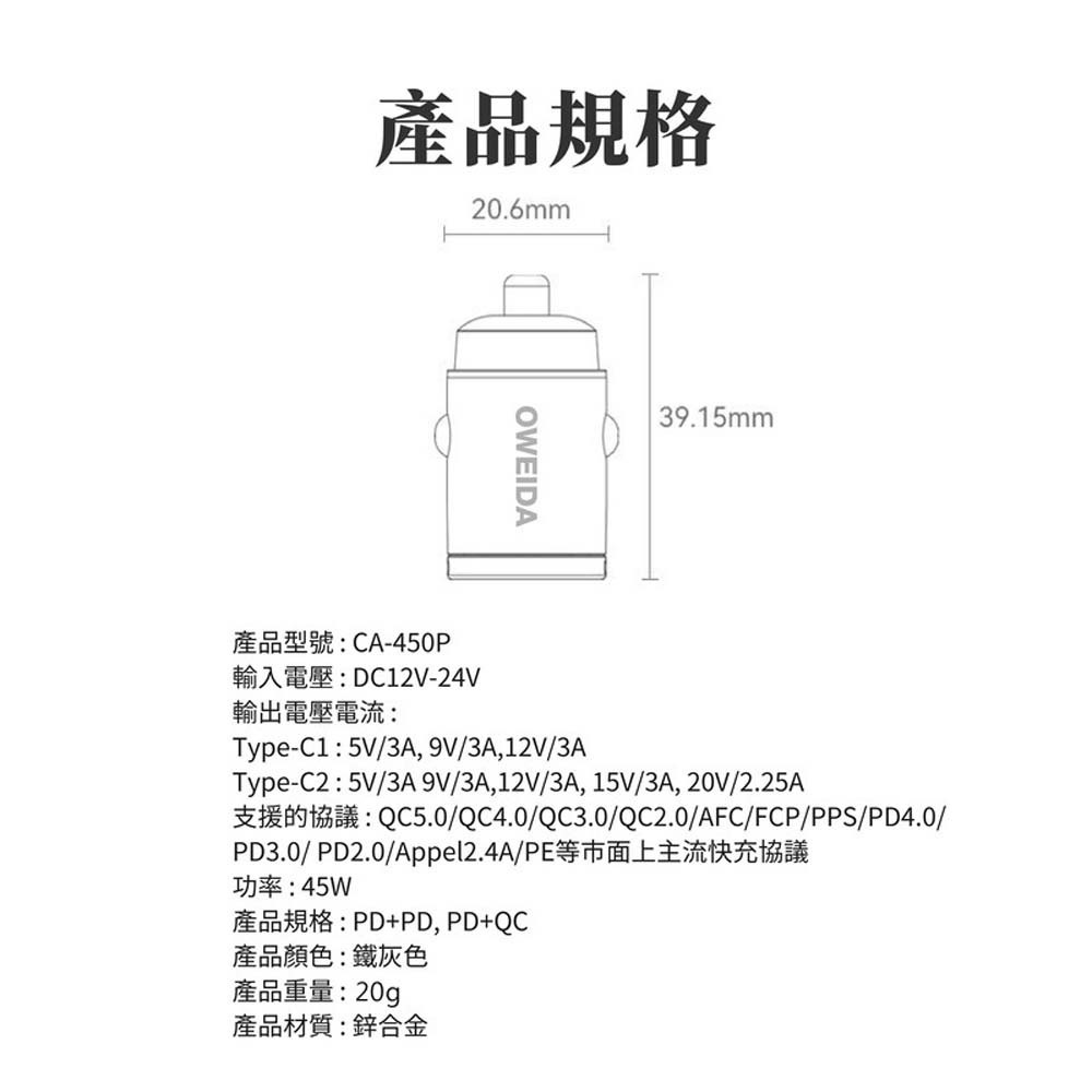 山水之寶｜OWEIDA 45w 車用充電器 雙孔PD快速充電車充頭 雙孔TYPEC快充 電源供應器 贈C to C充電線-細節圖8