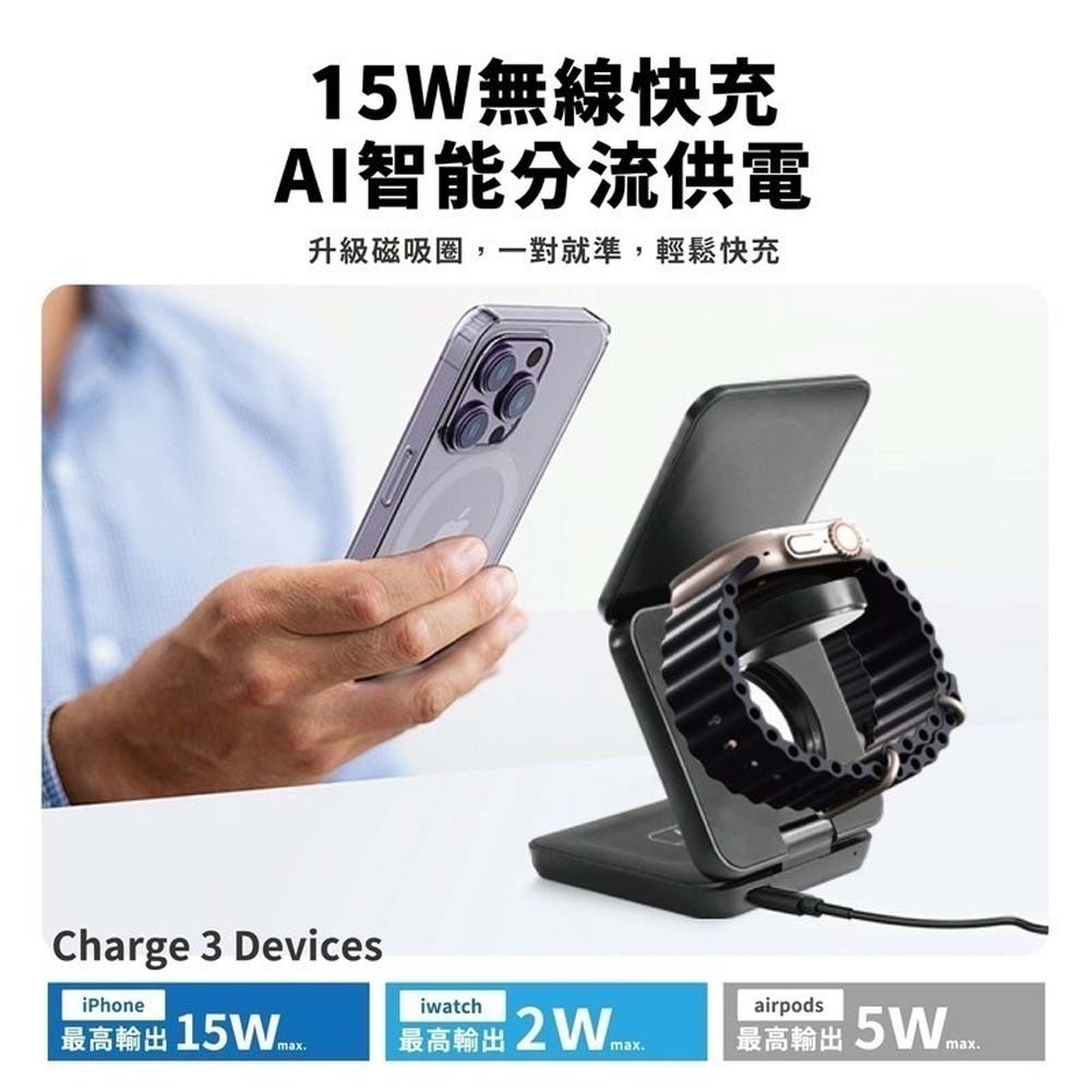 山水之寶｜OWEIDA 三合一摺疊手機支架 15w MagSafe磁吸無線充電座 支援手機＆蘋果手錶＆耳機 台灣製造-細節圖6