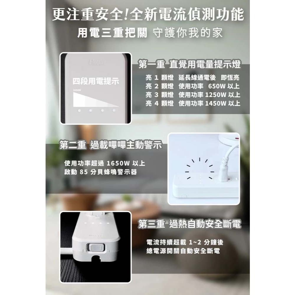 山水之寶｜Elevon準好拔嗶嗶延長線３ｍ－兒童安全防護插座蓋/即時顯示用電量/超載嗶嗶警示/過熱自動斷電/電流偵測-細節圖5