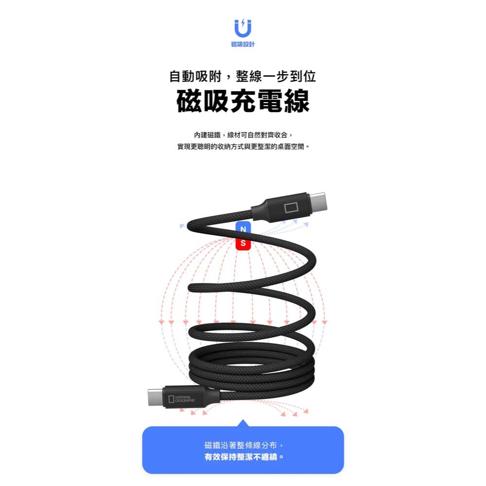 山水之寶｜國家地理 TYPE-C to TYPE-C 磁吸收納快速充電線 PD快充高速傳輸線 120cm＆200cm-細節圖2