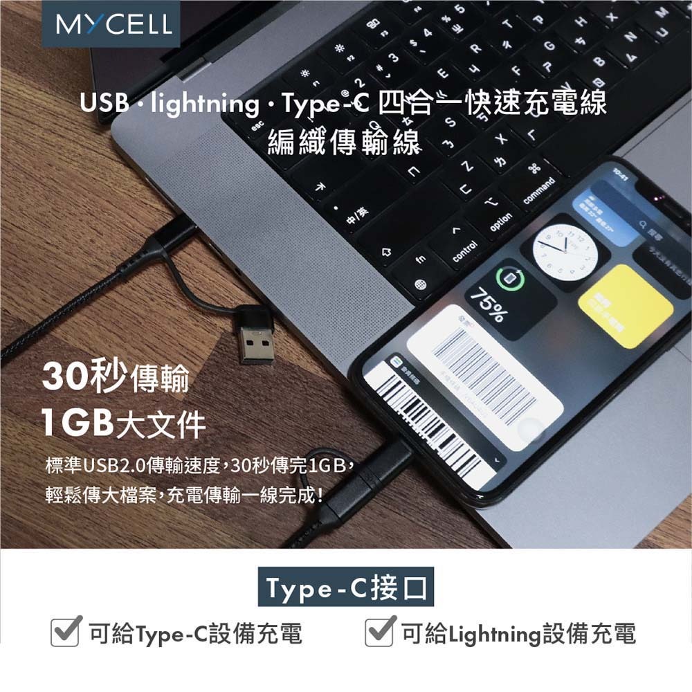 山水之寶｜MYCELL 四合一多功能 60w快速充電傳輸線150cm 鋼韌編織線 全兼容PD快充 適用iPhone＆安卓-細節圖5