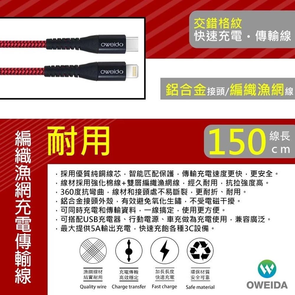 山水之寶｜OWEIDA歐威達TYPE-C to Lightning iPhone蘋果快速充電傳輸線150cm 漁網編織線-細節圖4